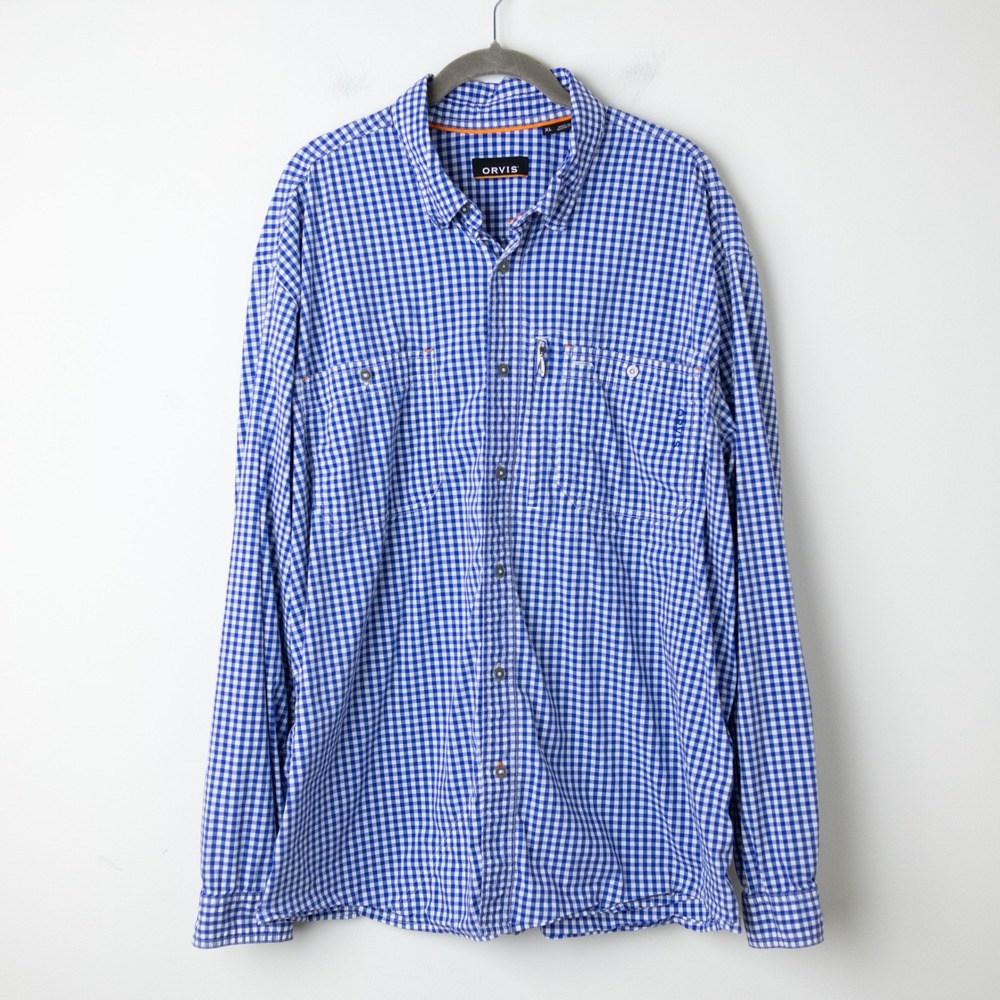 Orvis River Guide Fishing Shirt Mens XL Blue Long Sleeve Button Up Zipper Pocket